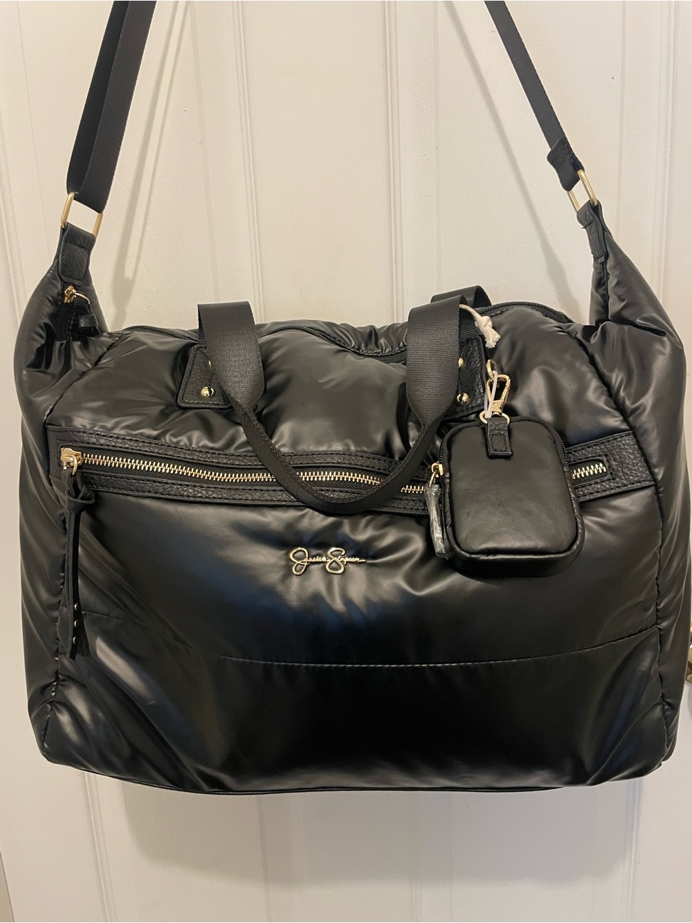 Jessica Simpson Black Quilted Puffy Travel Tote Duffel Bag with Gold Hardware